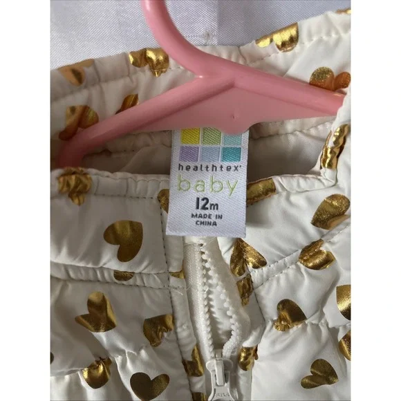 Healthtex Toddler Baby‎ Girls Puffer Vest Size 12M Ivory W/Gold Hearts NWOT - Picture 2 of 3